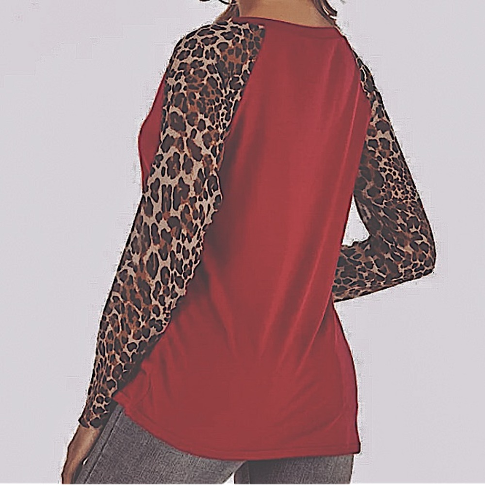 Maroon Cheetah Leopard Sleeve Long Sleeve Top